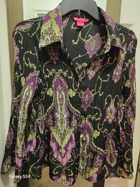 Sunny Leigh Black Paisley Button-Front Blouse with Purple & Lime Accents